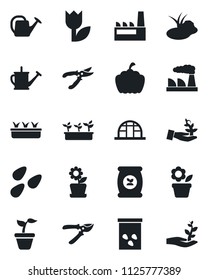 Set of vector isolated black icon - factory vector, flower in pot, seedling, watering can, pruner, pumpkin, greenhouse, seeds, pond, fertilizer, tulip, palm sproute