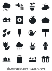 Set of vector isolated black icon - flower in pot vector, seedling, watering can, rain, plant label, pumpkin, seeds, pond, tulip, oil barrel, house with tree, apple fruit, water filter