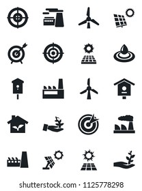 Set of vector isolated black icon - factory vector, bird house, target, sun panel, windmill, eco, water, palm sproute