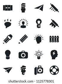 Set of vector isolated black icon - automatic door vector, brainstorm, bulb, camera, pencil, fence, rolling pin, energy saving, shining head, idea, paper plane, crisis management
