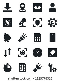 Set of vector isolated black icon - microphone vector, phone back, user, clock, stopwatch, bell, record, sim, notes, data exchange, download, torch, place tag, compass, face id, eye, root setup