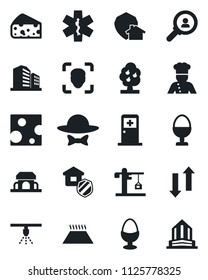 Set of vector isolated black icon - medical room vector, ambulance star, data exchange, face id, fruit tree, crane, estate insurance, cook, egg stand, cafe building, dress code, cheese, warm floor