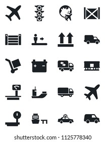 Set of vector isolated black icon - plane vector, escalator, alarm car, globe, traffic light, sea shipping, delivery, port, container, cargo, up side sign, heavy scales, railroad, moving, battery