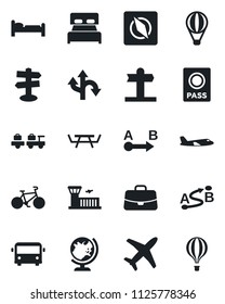 Set of vector isolated black icon - airport bus vector, passport, globe, bed, baggage larry, plane, building, case, picnic table, bike, route, signpost, compass, bedroom, air balloon