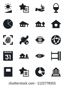 Set of vector isolated black icon - circle chart vector, eye, satellite, film frame, favorites list, network, calendar, brightness, id, copybook, pie graph, house with garage, tree, sweet home