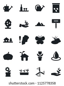 Set of vector isolated black icon - flower in pot vector, watering can, butterfly, seedling, water drop, plant label, pumpkin, seeds, pond, house with tree, windmill, fruit, mountains, alcohol, eco