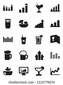 Set of vector isolated black icon - growth statistic vector, barcode, equalizer, monitor statistics, bar graph, wine card, drink, cocktail, phyto, beer, salad, arrow up