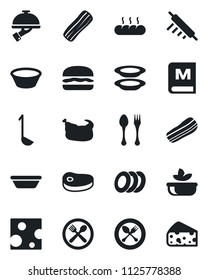 Set of vector isolated black icon - spoon and fork vector, cafe, menu, salad, plates, bacon, waiter, bread, chicken, steak, hamburger, ladle, bowl, rolling pin, cheese