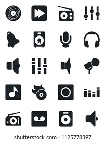 Set of vector isolated black icon - vinyl vector, flame disk, microphone, radio, speaker, settings, equalizer, headphones, fast forward, bell, record, music, sound