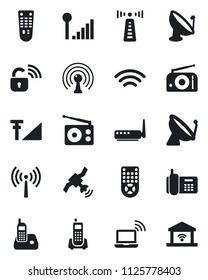 Set of vector isolated black icon - antenna vector, satellite, wireless notebook, office phone, radio, remote control, cellular signal, lock, router, garage gate