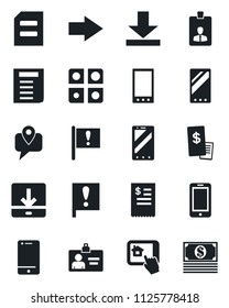 Set of vector isolated black icon - right arrow vector, mobile phone, identity card, document, important flag, tracking, cell, download, application, restaurant receipt, home control app, cash