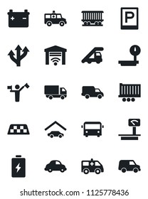 Set of vector isolated black icon - dispatcher vector, taxi, airport bus, parking, ladder car, ambulance, route, railroad, truck trailer, delivery, heavy scales, garage, gate control, battery