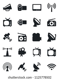 Set of vector isolated black icon - antenna vector, satellite, radio, loudspeaker, tv, video camera, wireless