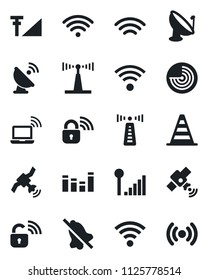 Set of vector isolated black icon - antenna vector, wireless notebook, border cone, radar, satellite, equalizer, mute, cellular signal, lock