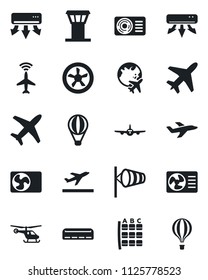 Set of vector isolated black icon - plane vector, airport tower, radar, departure, wind, helicopter, seat map, globe, air conditioner, fan, balloon