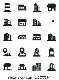Set of vector isolated black icon - taxi vector, office building, garden light, navigation, store, city house, cafe, storefront