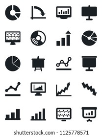 Set of vector isolated black icon - growth statistic vector, presentation board, crisis graph, circle chart, monitor pulse, statistics, bar, pie, point