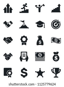 Set of vector isolated black icon - dispatcher vector, handshake, growth statistic, dollar sign, graduate, money bag, document, sertificate, career ladder, police, target, arrow up graph, motivation