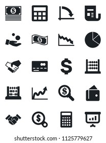 Set of vector isolated black icon - credit card vector, dollar sign, abacus, crisis graph, news, calculator, pie, handshake, wallet, growth, money search, investment, cash, presentation