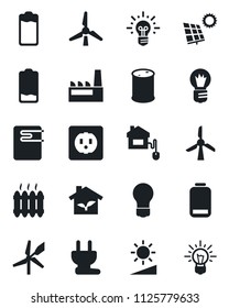Set of vector isolated black icon - bulb vector, oil barrel, battery, low, brightness, sun panel, windmill, heater, factory, home control, eco house, socket, power plug, water, idea