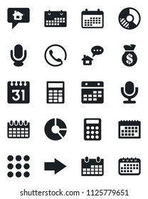 Set of vector isolated black icon - right arrow vector, calendar, circle chart, microphone, menu, calculator, phone, home message, money bag