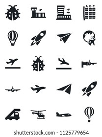 Set of vector isolated black icon - departure vector, arrival, ladder car, plane, boarding, helicopter, seat map, globe, airport building, lady bug, rocket, paper, air balloon