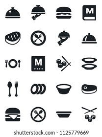 Set of vector isolated black icon - spoon and fork vector, dish, cafe, menu, plates, waiter, steak, hamburger, bowl, sushi