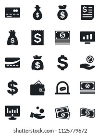 Set of vector isolated black icon - credit card vector, ticket office, dollar sign, money bag, statistic monitor, cash, receipt, wallet, investment