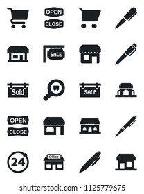 Set of vector isolated black icon - 24 around vector, shop, pen, store, search cargo, sale, sold signboard, cafe building, open close, cart, storefront