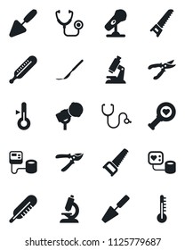 Set of vector isolated black icon - trowel vector, pruner, saw, stethoscope, blood pressure, thermometer, heart diagnostic, microscope, scalpel, microphone