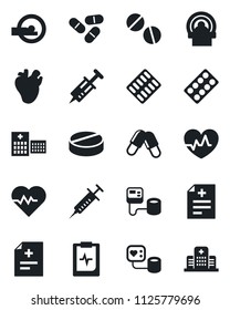 Set of vector isolated black icon - heart pulse vector, diagnosis, syringe, blood pressure, pills, blister, tomography, real, clipboard, hospital
