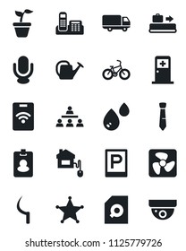 Set of vector isolated black icon - baggage conveyor vector, parking, medical room, seedling, watering can, sickle, bike, car delivery, microphone, document search, office phone, tie, hierarchy, fan