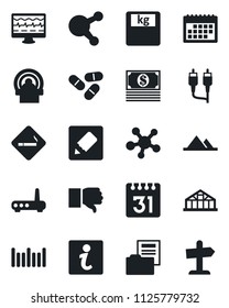 Set of vector isolated black icon - smoking place vector, greenhouse, monitor pulse, scales, pills, tomography, barcode, share, finger down, rca, calendar, notes, document folder, mountains, router