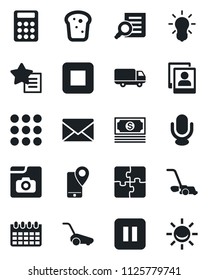 Set of vector isolated black icon - mail vector, document search, calendar, lawn mower, cash, mobile tracking, car delivery, microphone, favorites list, pause button, stop, menu, photo gallery, bulb