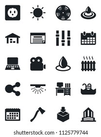 Set of vector isolated black icon - desk vector, notebook pc, calendar, water drop, sun, axe, package, reel, settings, video, pool, warehouse, heater, socket, sprinkler, schedule, social media