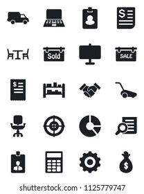 Set of vector isolated black icon - cafe vector, gear, identity card, document search, notebook pc, circle chart, lawn mower, car delivery, receipt, rack, presentation board, calculator, target