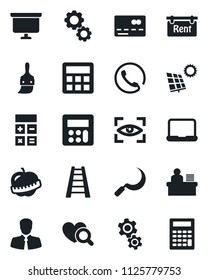 Set of vector isolated black icon - credit card vector, calculator, presentation board, ladder, sickle, heart diagnostic, diet, client, themes, manager desk, notebook pc, sun panel, rent, phone
