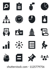 Set of vector isolated black icon - speaking man vector, identity card, growth statistic, hierarchy, document search, mouse, drawing pin, contract, clock, office building, pie graph, abacus, copier