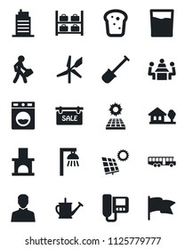 Set of vector isolated black icon - airport bus vector, luggage storage, shovel, watering can, fireplace, user, meeting, manager, house with tree, sun panel, sale, city, drink, bread, intercome