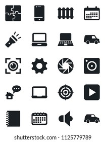 Set of vector isolated black icon - notebook pc vector, speaker, cell phone, laptop, play button, mobile camera, settings, torch, application, copybook, target, radiator, eye scan, home message, car