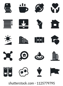 Set of vector isolated black icon - automatic door vector, book, pennant, coffee, house, heart hand, joint, molecule, download, brightness, office building, estate search, sweet home, omelette, flag