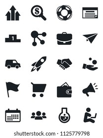 Set of vector isolated black icon - group vector, arrow up graph, rocket, handshake, wallet, money search, investment, calendar, cart, flask, flag, case, car, paper plane, schedule, social media