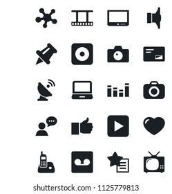 Set of vector isolated black icon - camera vector, satellite antenna, film frame, speaker, equalizer, tv, laptop pc, radio phone, share, finger up, favorites list, heart, paper pin, mail, rec