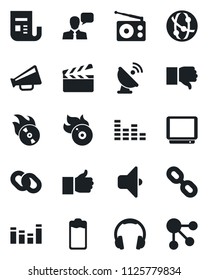 Set of vector isolated black icon - satellite antenna vector, clapboard, flame disk, radio, news, loudspeaker, equalizer, tv, network, speaker, headphones, chain, finger up, down, battery, sound