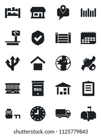 Set of vector isolated black icon - route vector, earth, railroad, store, satellite, mobile tracking, car delivery, clock, term, sea port, container, clipboard, warehouse storage, shield, barcode