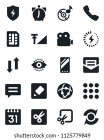 Set of vector isolated black icon - mobile vector, call, menu, message, protect, alarm, mail, sim, network, calendar, notes, data exchange, cut, eye id, music, video, cellular signal, charge, update