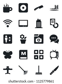 Set of vector isolated black icon - elevator vector, document reload, flower in pot, rake, butterfly, tv, dialog, rec button, photo gallery, application, pool, wireless, city house, restaurant table