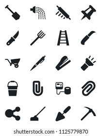 Set of vector isolated black icon - drawing pin vector, job, trowel, farm fork, ladder, wheelbarrow, bucket, watering, hoe, garden knife, blood pressure, torch, paper clip, pen, stapler, rolling