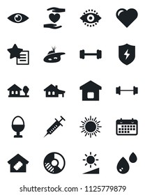 Set of vector isolated black icon - sun vector, circle chart, heart, syringe, barbell, hand, eye, term, favorites list, protect, brightness, id, house with garage, tree, pond, smart home, egg stand