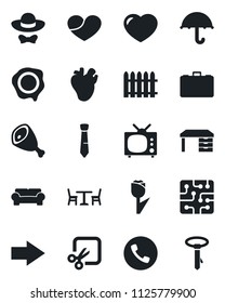 Set of vector isolated black icon - cafe vector, phone, right arrow, case, desk, stamp, fence, real heart, umbrella, tulip, cut, tie, cushioned furniture, tv, dress code, ham, chip